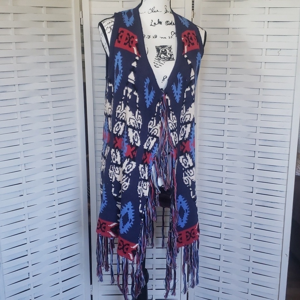 By Panhandle red and blue with fringes cowgirl open long vest S